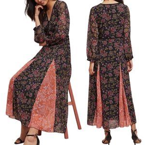 Anthropologie Laia Ines Floral Print Contrast Maxi Dress in Black Motif Size S